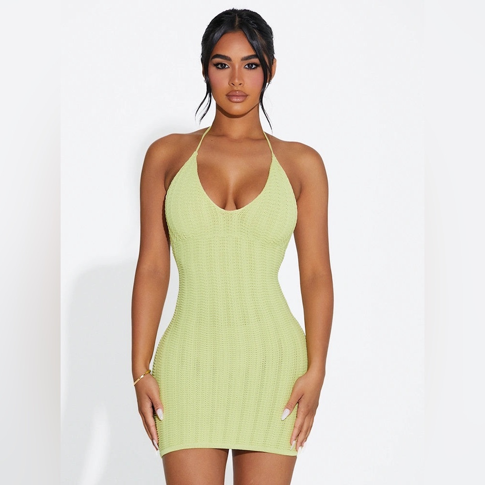 Naked Wardrobe Crochet Halter Mini Dress